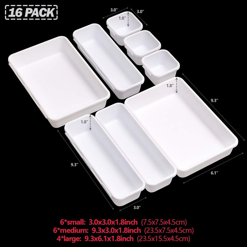 TENABORT Set of 16 Interlocking Desk Drawer Organizer Tray Dividers Plastic Shallow Narrow Drawers Organizers Separators Storage Bins Container for Kitchen Bathroom Makeup Office Vanity Bedroom Dresser White - Image 2